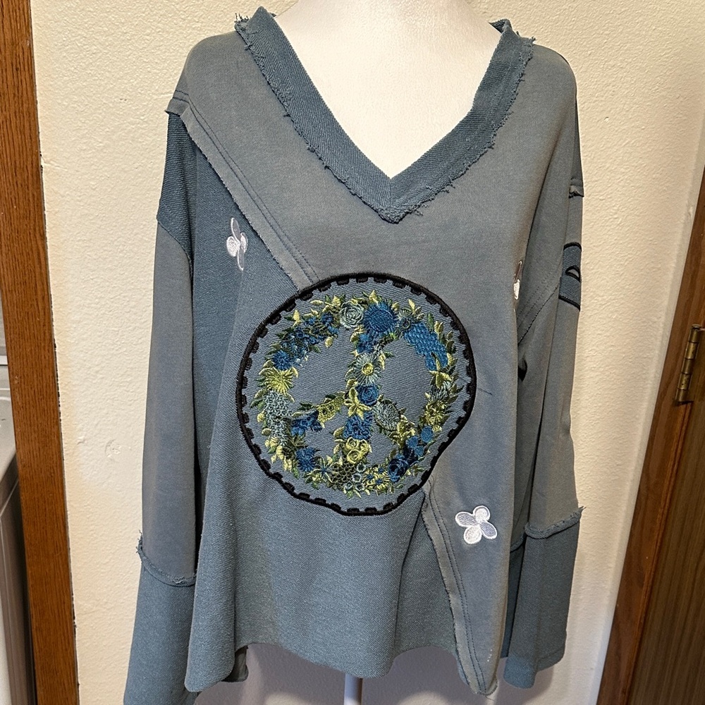 POL NWOT Blue and Green Embroidered V-Neck Sweatshirt
